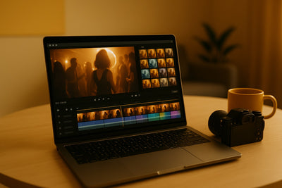 Portátil con un editor de vídeo mostrando filtros de color aplicados a un clip de evento