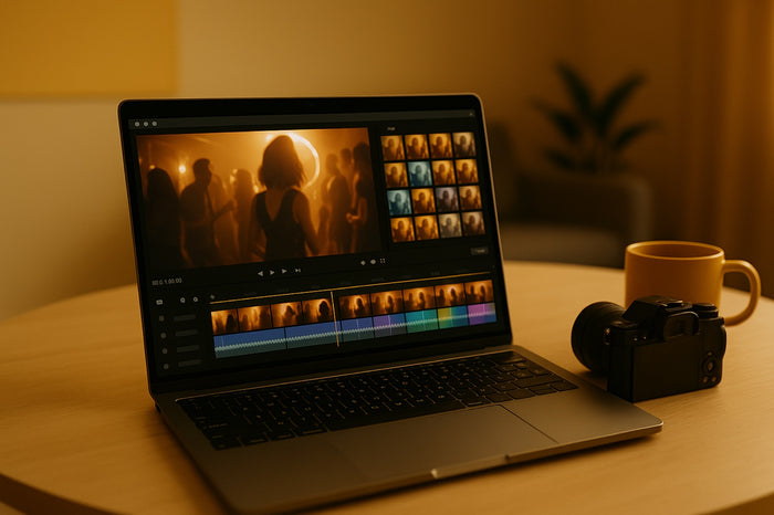 Portátil con un editor de vídeo mostrando filtros de color aplicados a un clip de evento