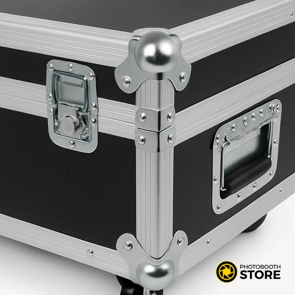 Fotomatón 360 Profesional de 80 cm de segunda mano: detalle de los cierres y asas del flight case