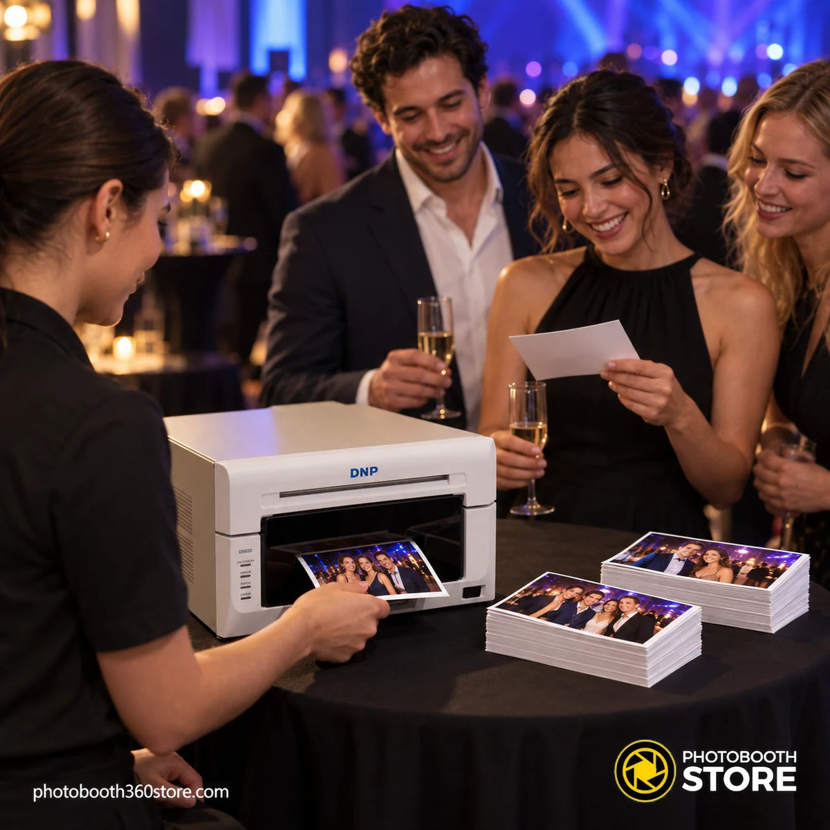 Impresora Fotográfica Térmica DNP DS620 con fotos impresas en una cena de gala