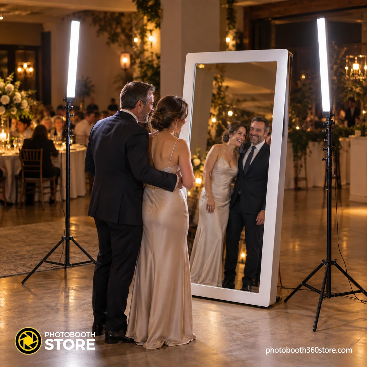 Pack of 2 Ultimate LED Lighting Spotlights + Tripods in use next to a magic mirror photo booth
